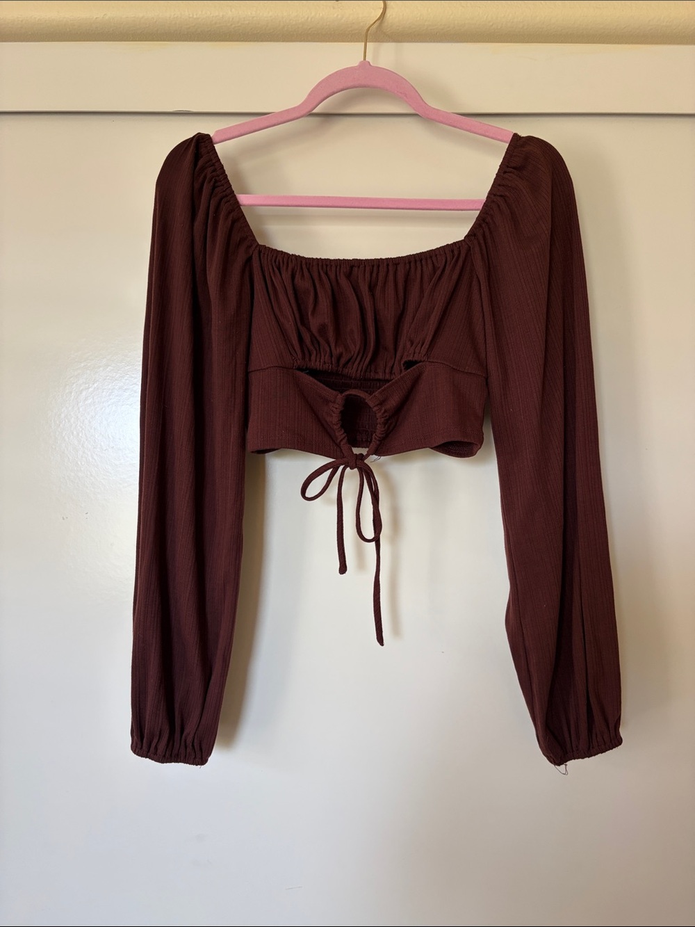 Forever 21 Chocolate Brown Long-Sleeve Tie-Front Crop Top